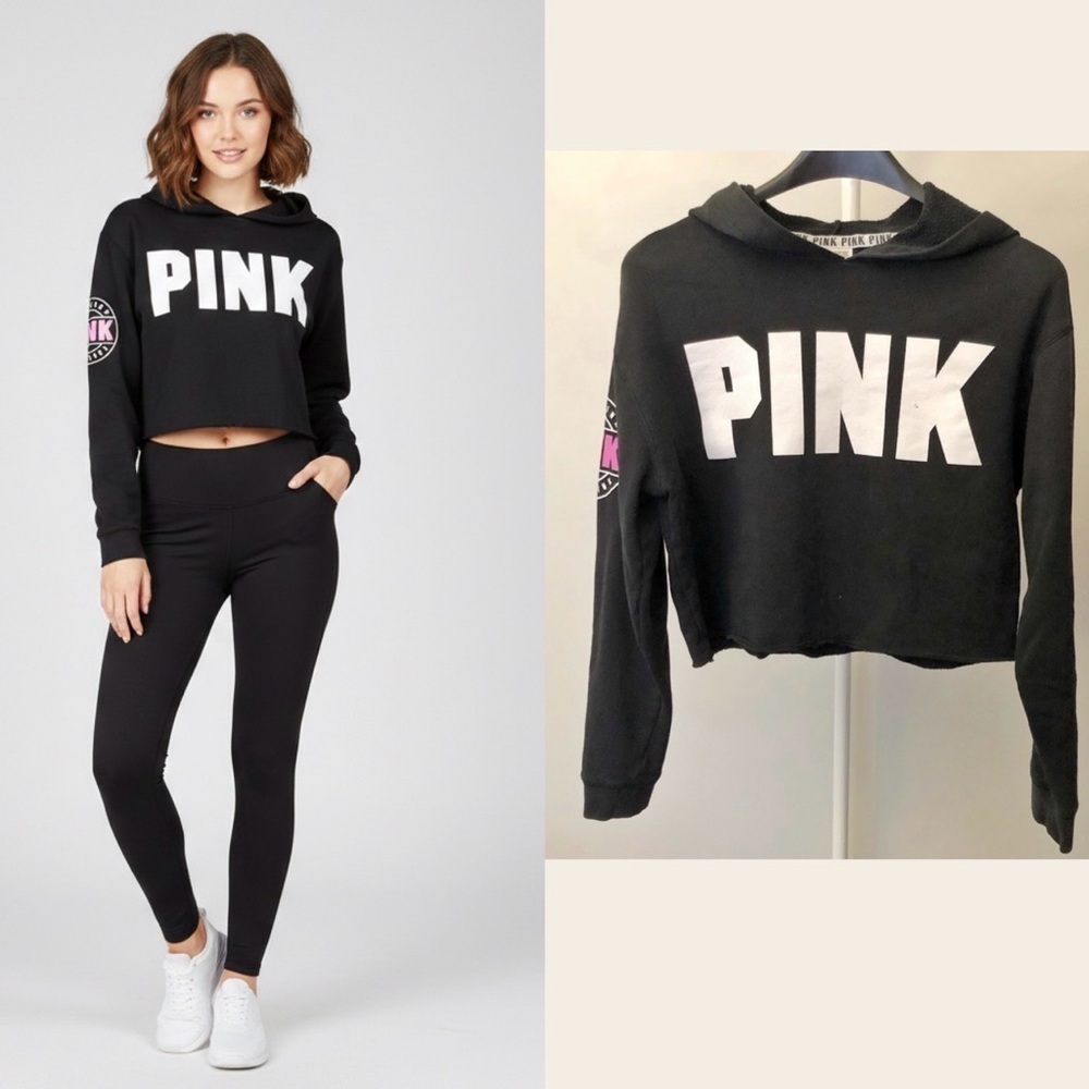 PINK Victoria’s Secrets Cropped Oversized Casual Black Sweatshirt Hoodie. XS